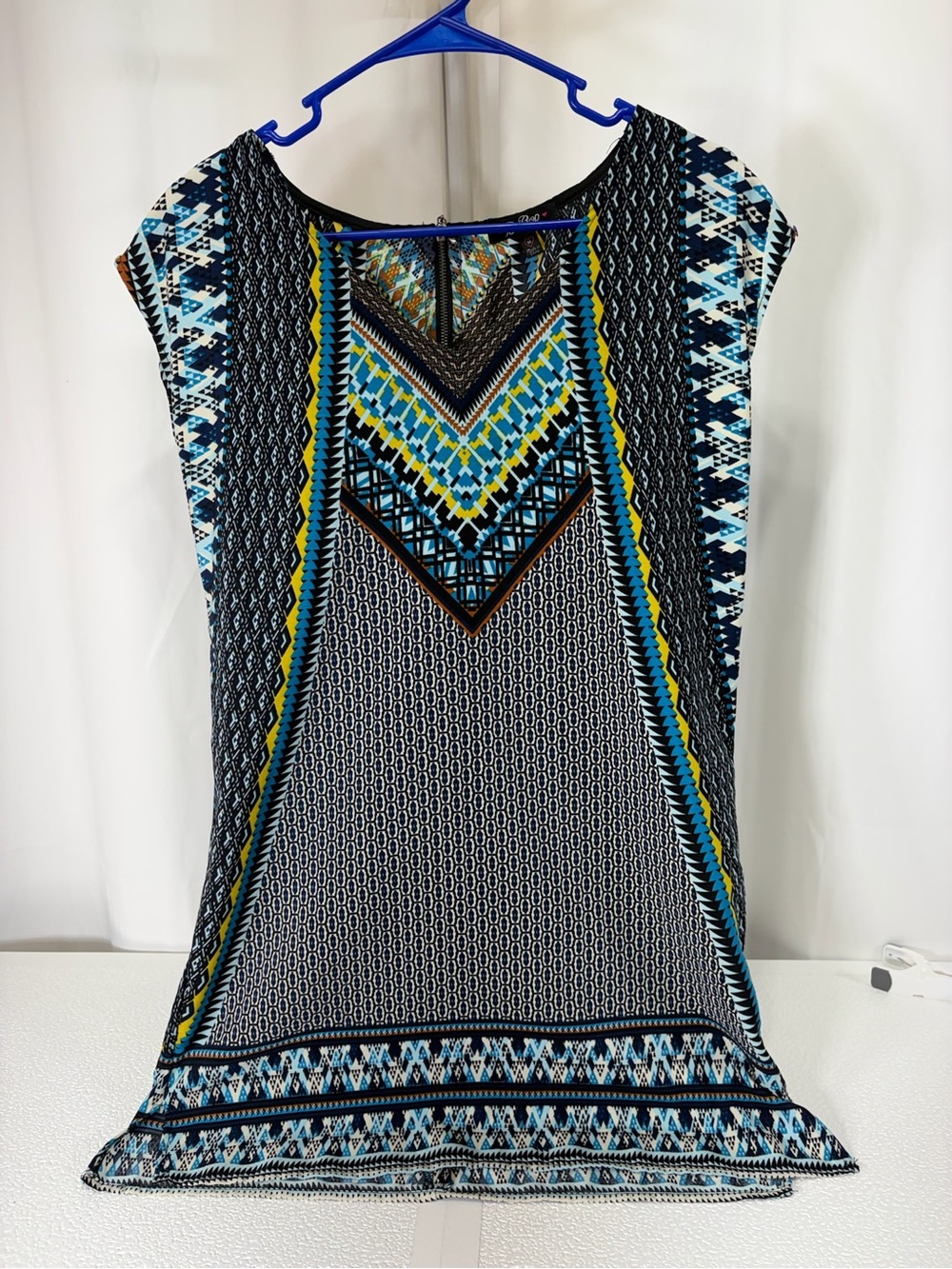 BeBop Geometric Cap Sleeve Tunic in Blue, Black & Yellow 3690